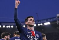Selebrasi Fabian Ruiz usai mencetak gol pertama untuk PSG.