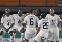 Selebrasi pemain Ghana usai Mohammed Zkudus mencetak gol ke gawang Komoro dalam pada laga terakhir Grup I Kualifikasi Zona Afrika di Stadion Accra, Senin (13/10/2025) dini hari WIB. (AFP/Issouf Sunogo)