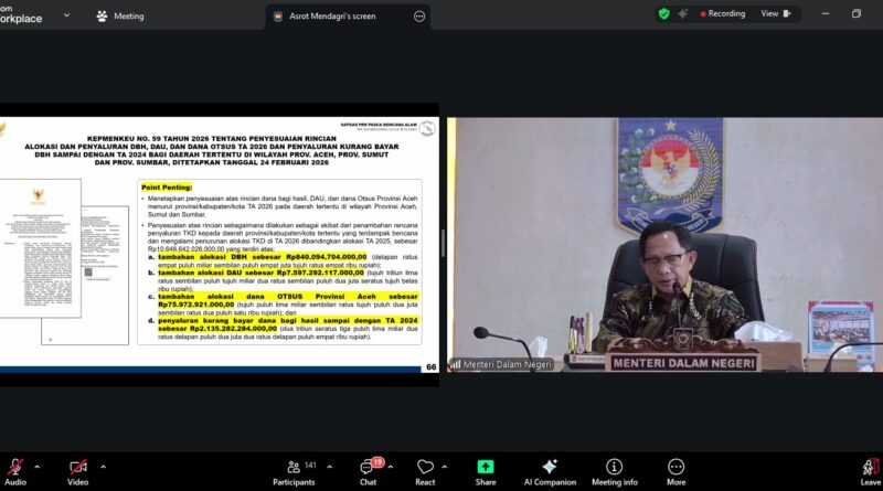 Mendagri Sosialisasikan Penyesuaian TKD 2026 bagi Daerah Terdampak Bencana di Aceh, Sumut, dan Sumbar