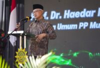 Ketum PP Muhammadiyah, Prof. Dr. Haedar Nashir saat memberikan amanatnya dalam peresmian Gedung Muhammadiyah Sapen Universal School (MSUS)