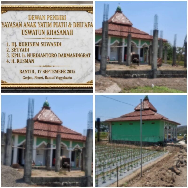 Rangkaian proses pembangunan asrama yatim piatu dan dhu'afa Yayasan Uswatun Khasanah di Gerjen, Pleret, Bantul — mulai dari kerja bakti warga, prasasti Dewan Pendiri Yayasan, hingga wujud bangunan yang kini mulai berdiri di atas tanah wakaf almarhumah Hj. Rukinem Suwandi.