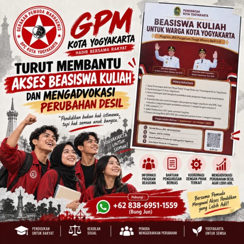 Gerakan Pemuda Marhaenis (GPM) DPC Kota Yogyakarta membuka Posko Udara Advokasi Beasiswa Kuliah untuk mendampingi warga—pelajar, calon mahasiswa, hingga orang tua—dalam mengurus beasiswa kuliah berbasis APBD Pemkot Yogyakarta serta advokasi perubahan data desil kesejahteraan. (Foto: GPM Kota Yogyakarta)